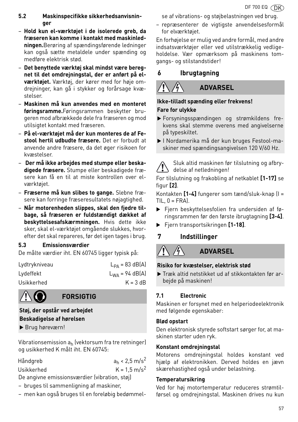 Ibrugtagning, Indstillinger | Festool DF 700 EQ User Manual | Page 57 / 100