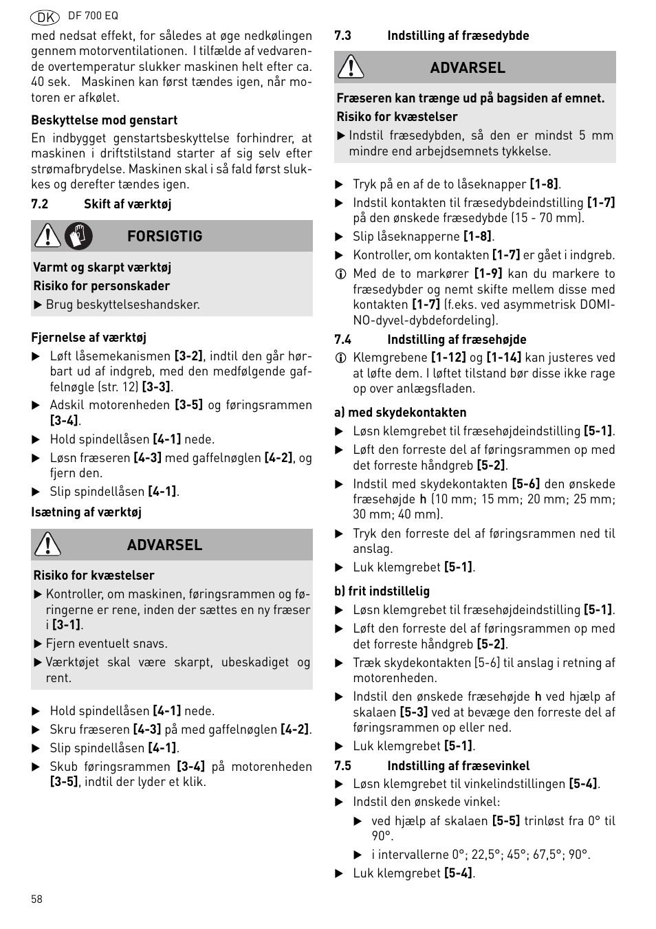 Forsigtig, Advarsel | Festool DF 700 EQ User Manual | Page 58 / 100