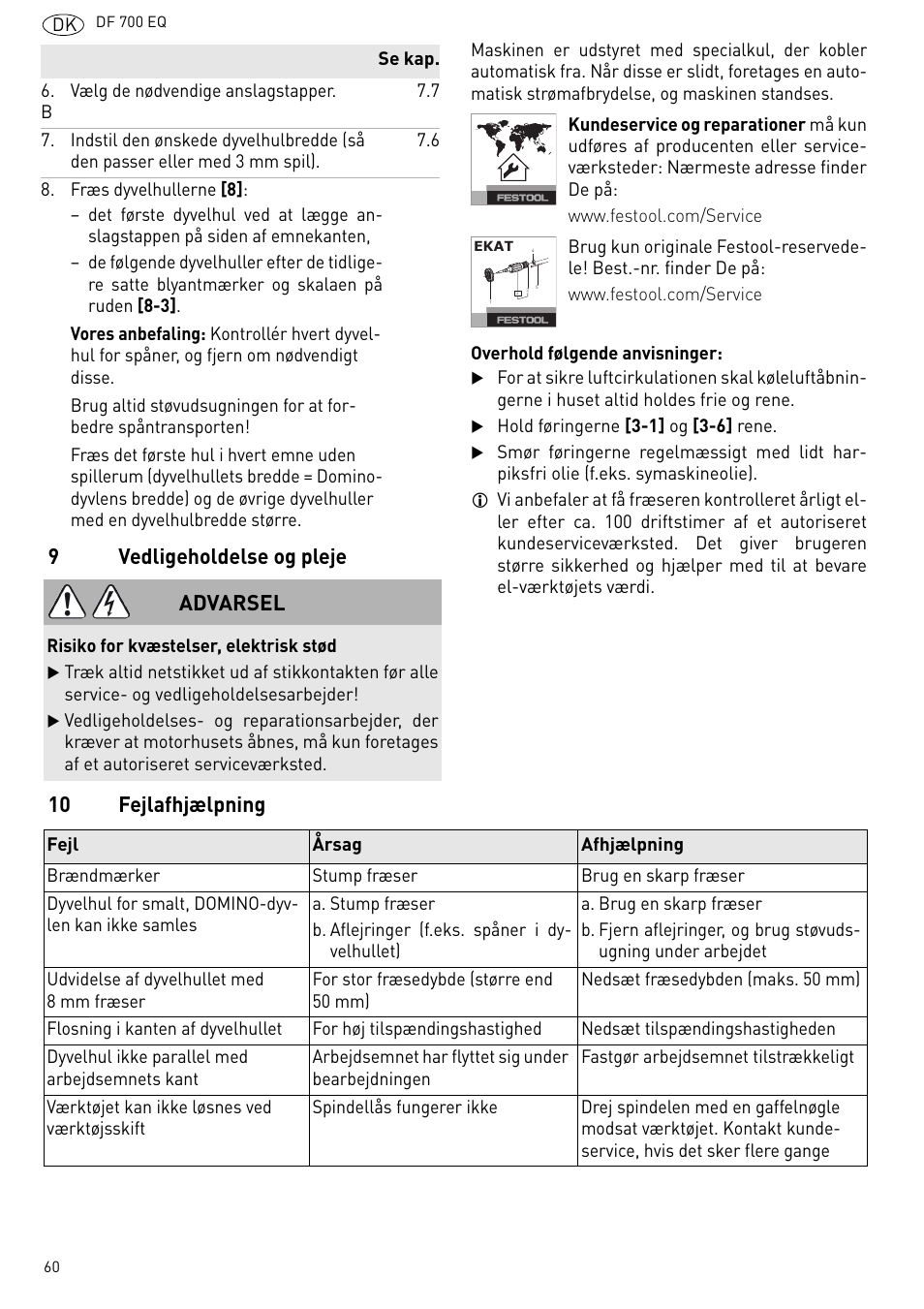 Vedligeholdelse og pleje, 10 fejlafhjælpning, 9vedligeholdelse og pleje | Advarsel | Festool DF 700 EQ User Manual | Page 60 / 100