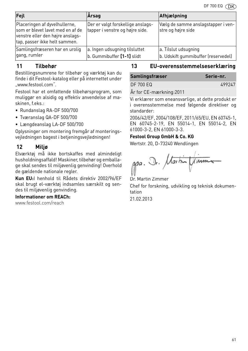 11 tilbehør, 12 miljø, 13 eu-overensstemmelseserklæring | Festool DF 700 EQ User Manual | Page 61 / 100