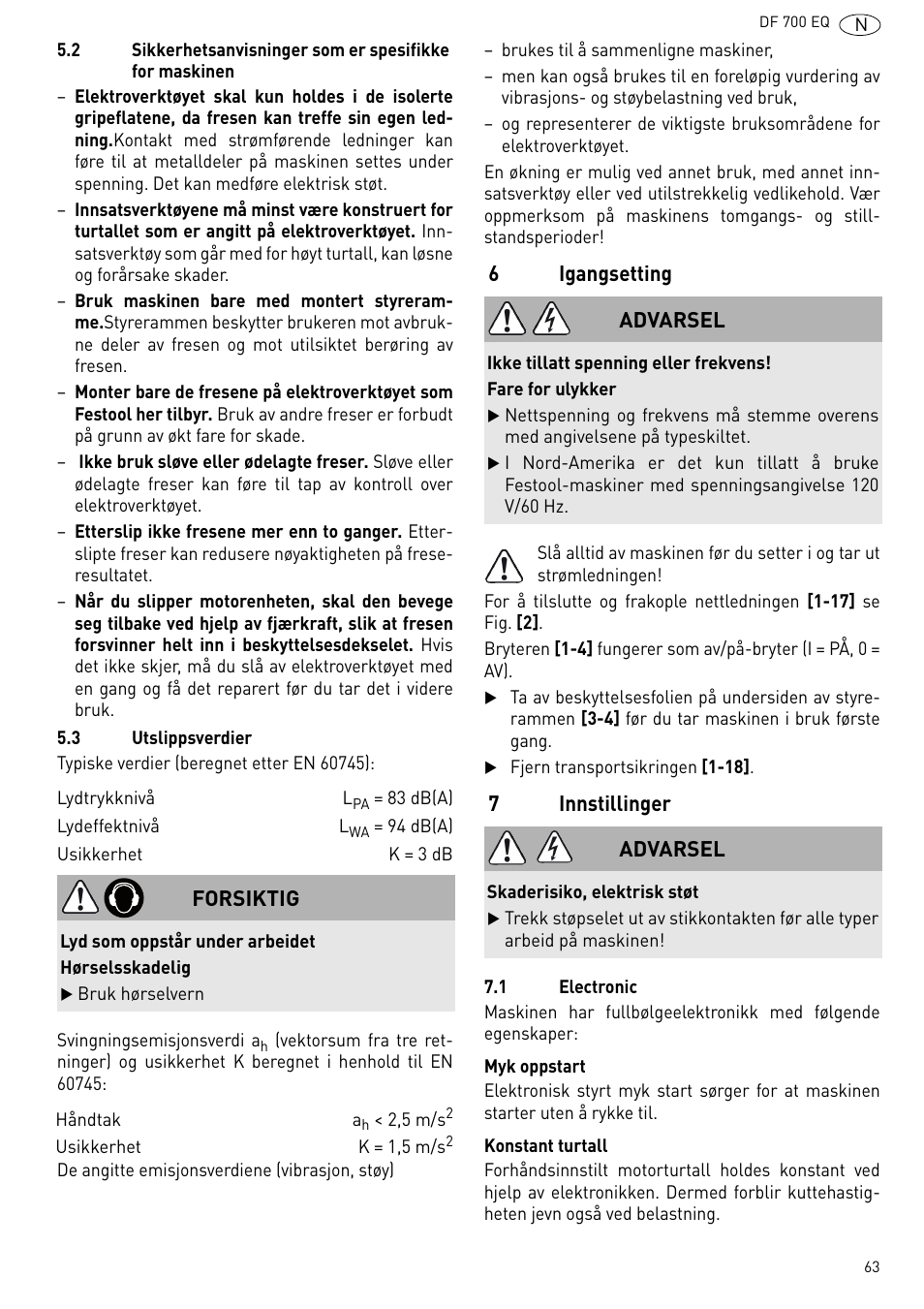 Igangsetting, Innstillinger | Festool DF 700 EQ User Manual | Page 63 / 100