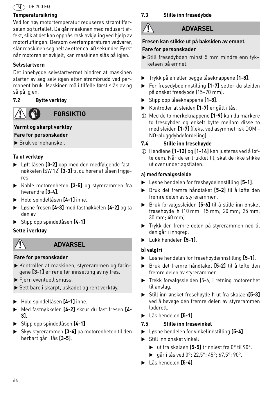 Forsiktig, Advarsel | Festool DF 700 EQ User Manual | Page 64 / 100