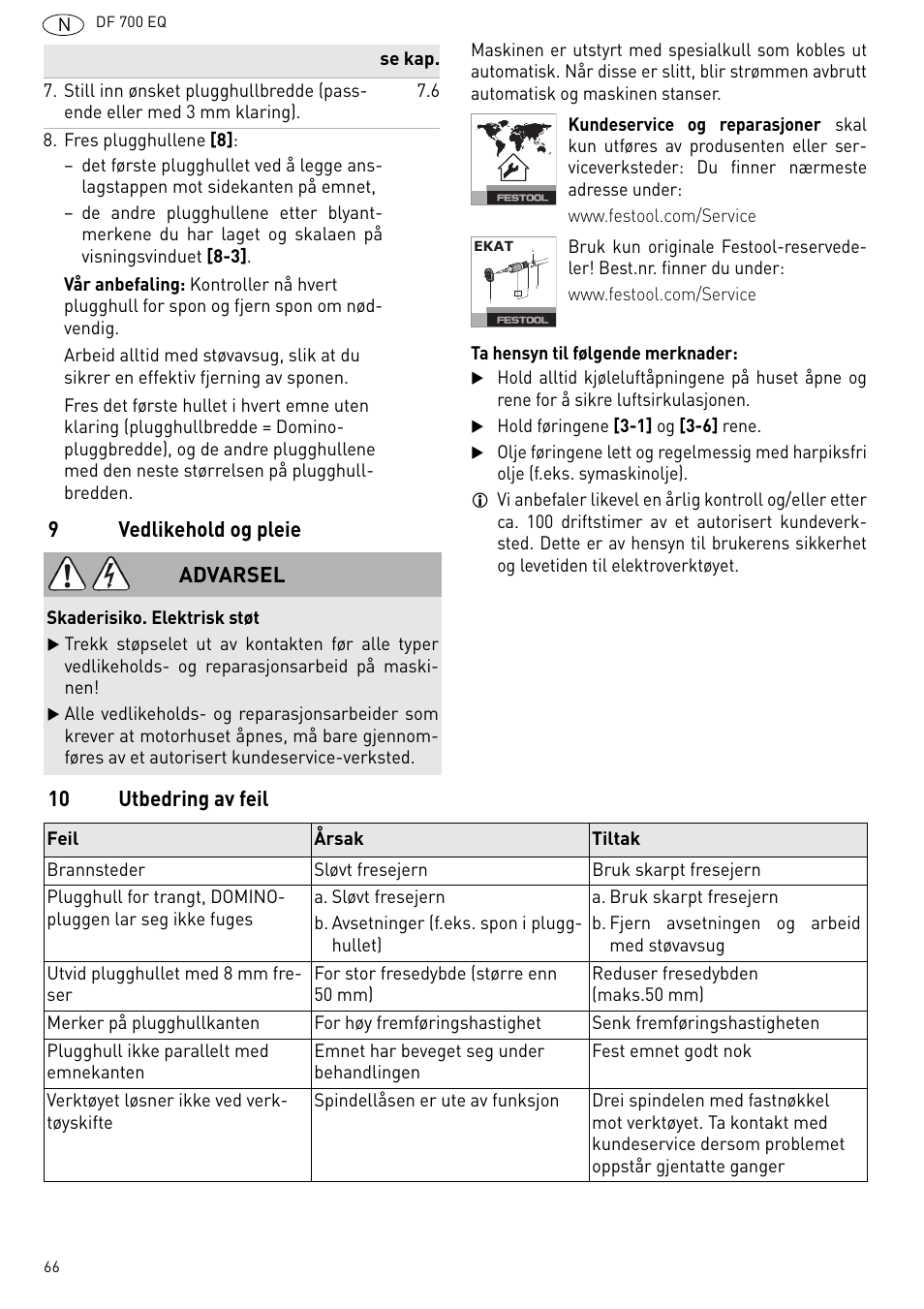 Vedlikehold og pleie, 10 utbedring av feil, 9vedlikehold og pleie | Advarsel | Festool DF 700 EQ User Manual | Page 66 / 100