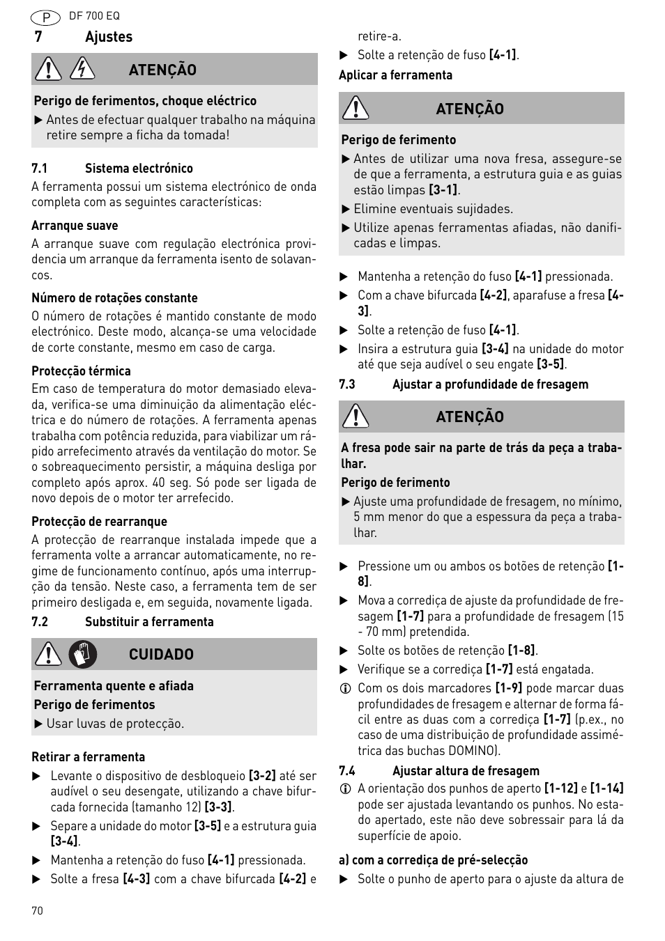 Ajustes, 7ajustes, Atenção | Cuidado | Festool DF 700 EQ User Manual | Page 70 / 100