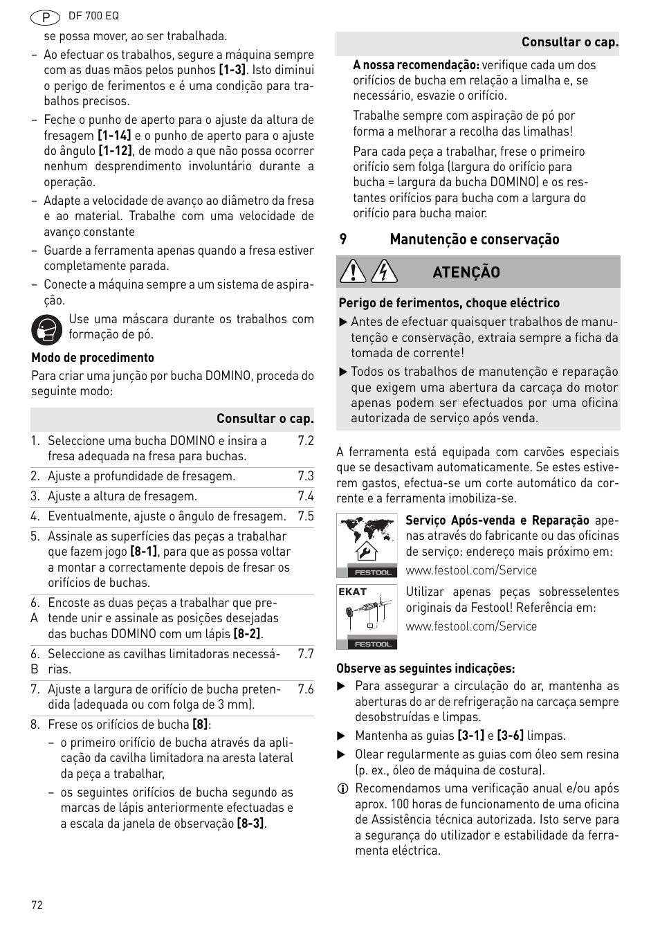 Manutenção e conservação, 9manutenção e conservação, Atenção | Festool DF 700 EQ User Manual | Page 72 / 100