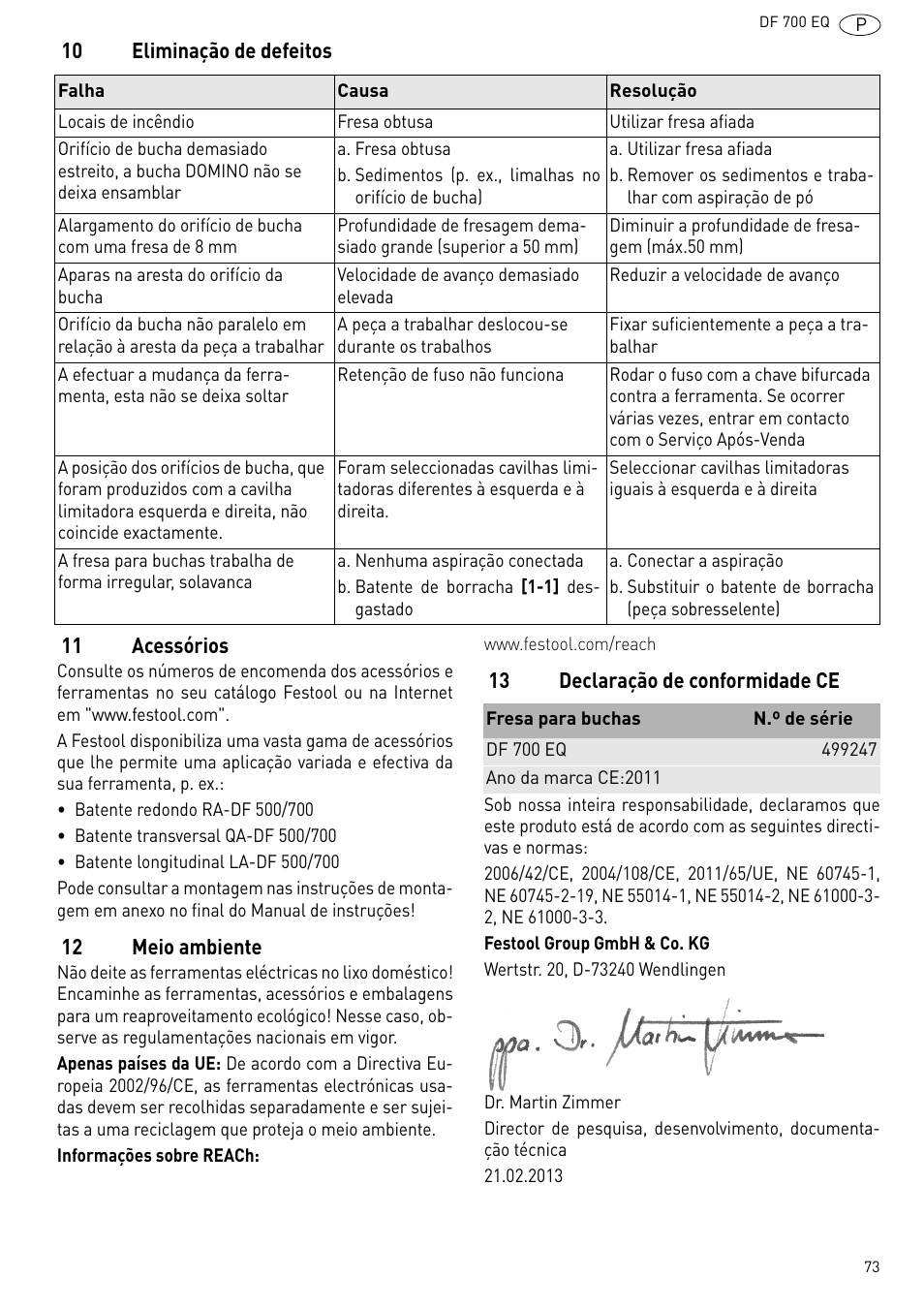 10 eliminação de defeitos, 11 acessórios, 12 meio ambiente | 13 declaração de conformidade ce | Festool DF 700 EQ User Manual | Page 73 / 100