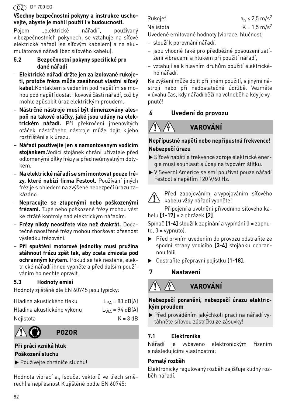 Uvedení do provozu, Nastavení | Festool DF 700 EQ User Manual | Page 82 / 100