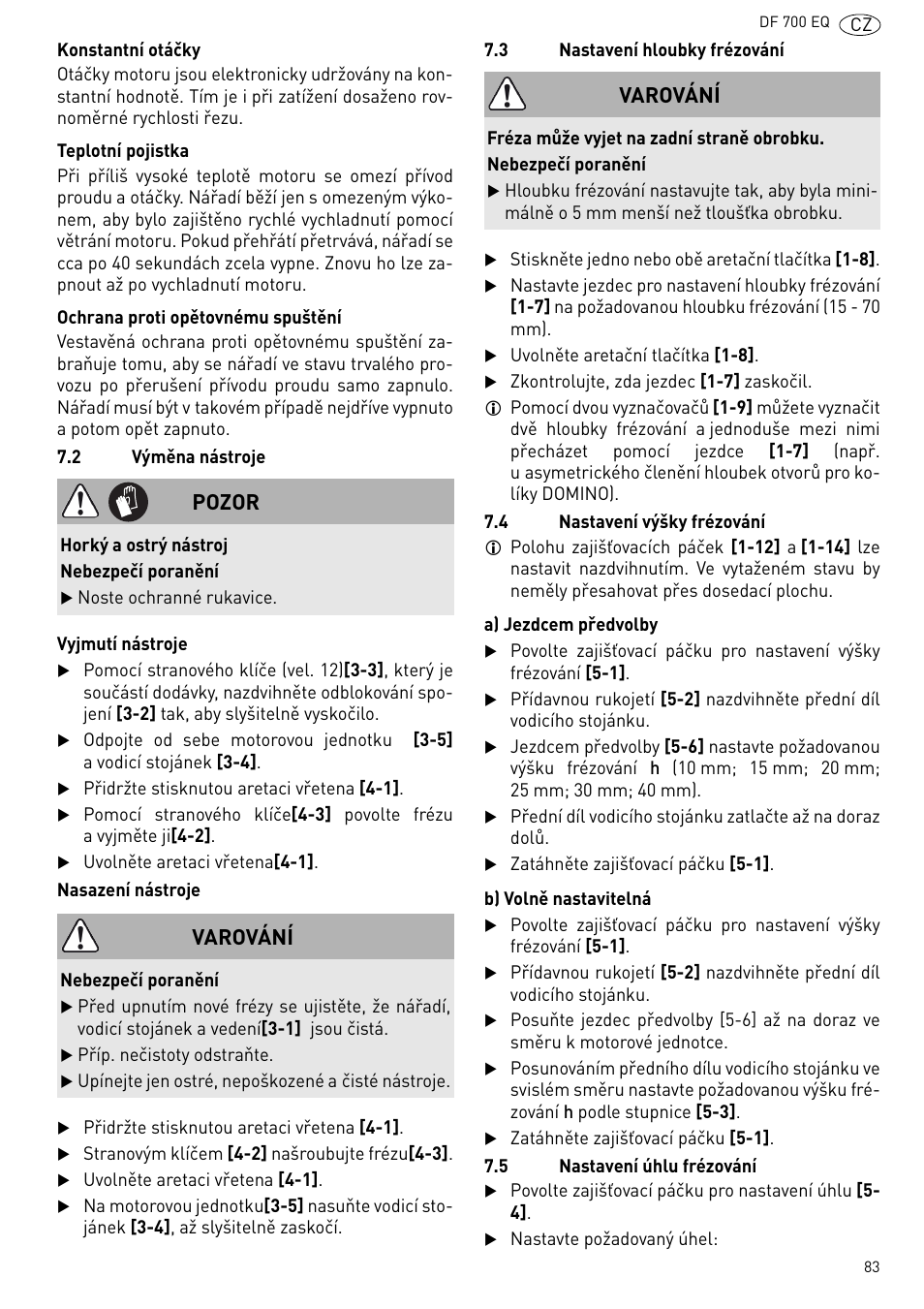 Pozor, Varování | Festool DF 700 EQ User Manual | Page 83 / 100