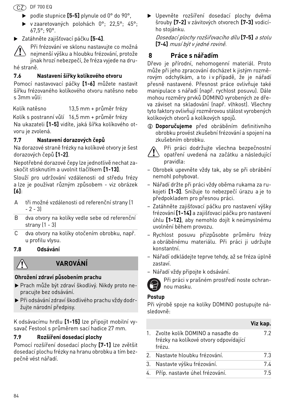 Práce s nářadím | Festool DF 700 EQ User Manual | Page 84 / 100