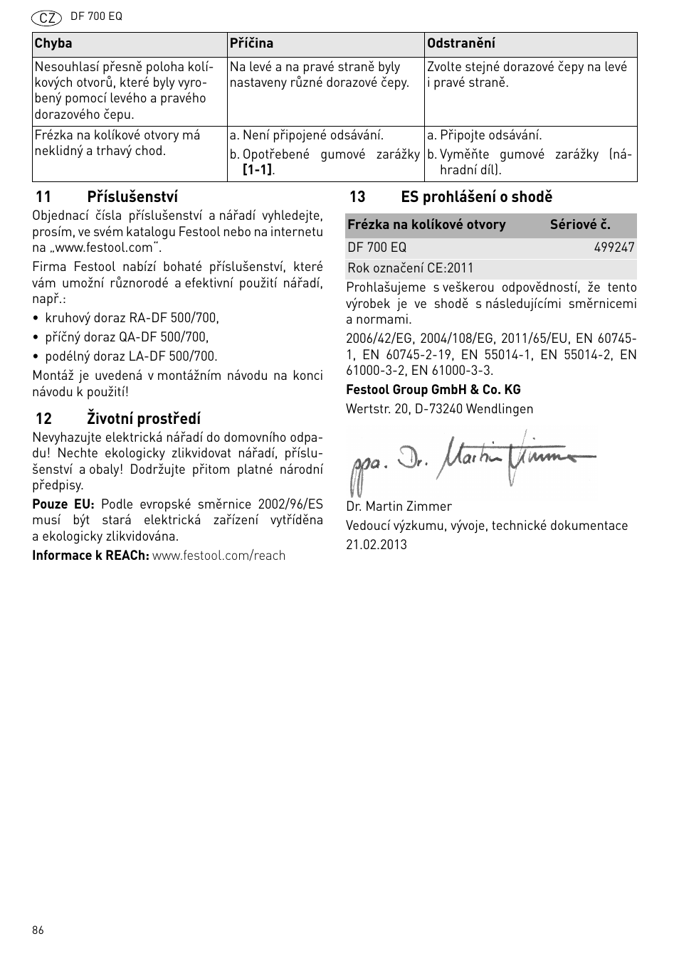 11 příslušenství, 12 životní prostředí, 13 es prohlášení o shodě | Festool DF 700 EQ User Manual | Page 86 / 100