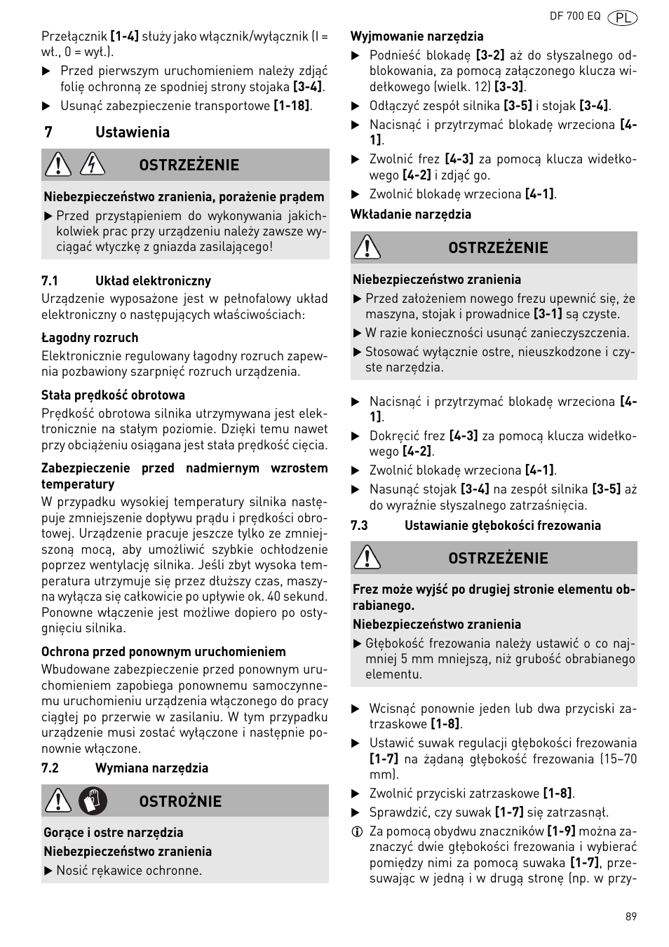 Ustawienia, 7ustawienia, Ostrzeżenie | Ostrożnie | Festool DF 700 EQ User Manual | Page 89 / 100