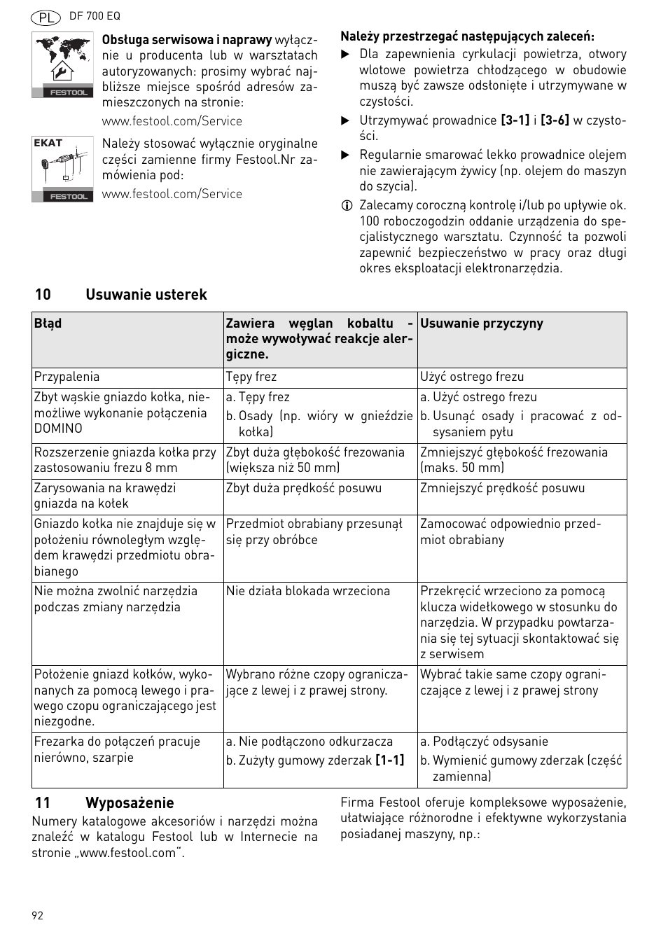 10 usuwanie usterek, 11 wyposażenie, 10 usuwanie usterek 11 wyposażenie | Festool DF 700 EQ User Manual | Page 92 / 100