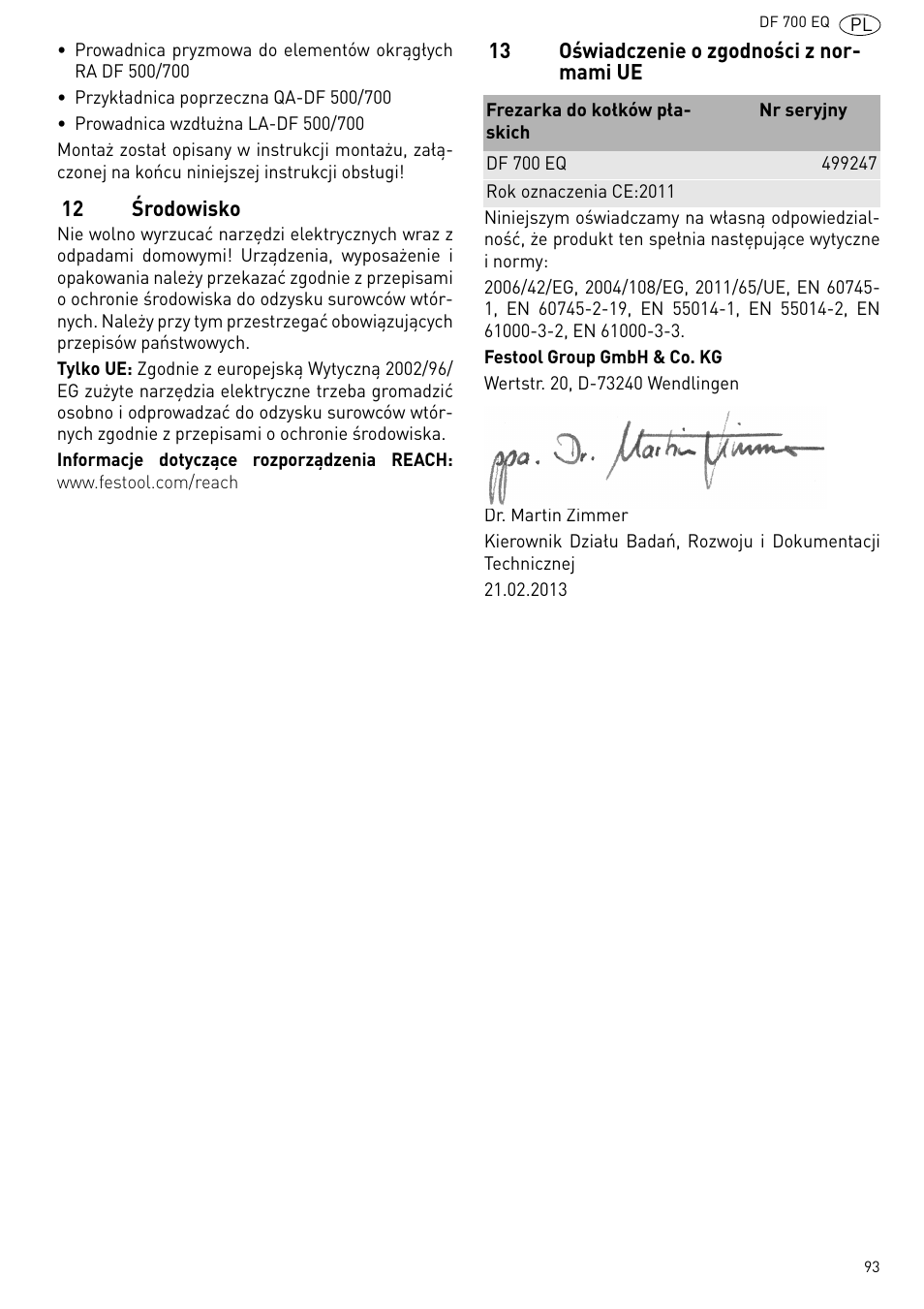 12 środowisko, 13 oświadczenie o zgodności z normami | Festool DF 700 EQ User Manual | Page 93 / 100