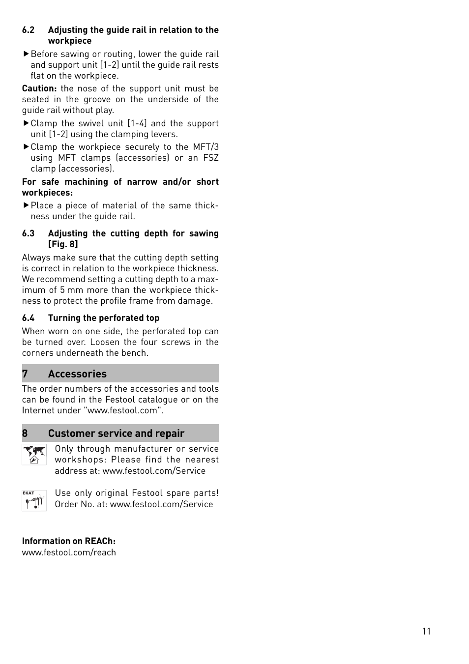 7 accessories, 8customer service and repair | Festool MFT 3 User Manual | Page 11 / 48