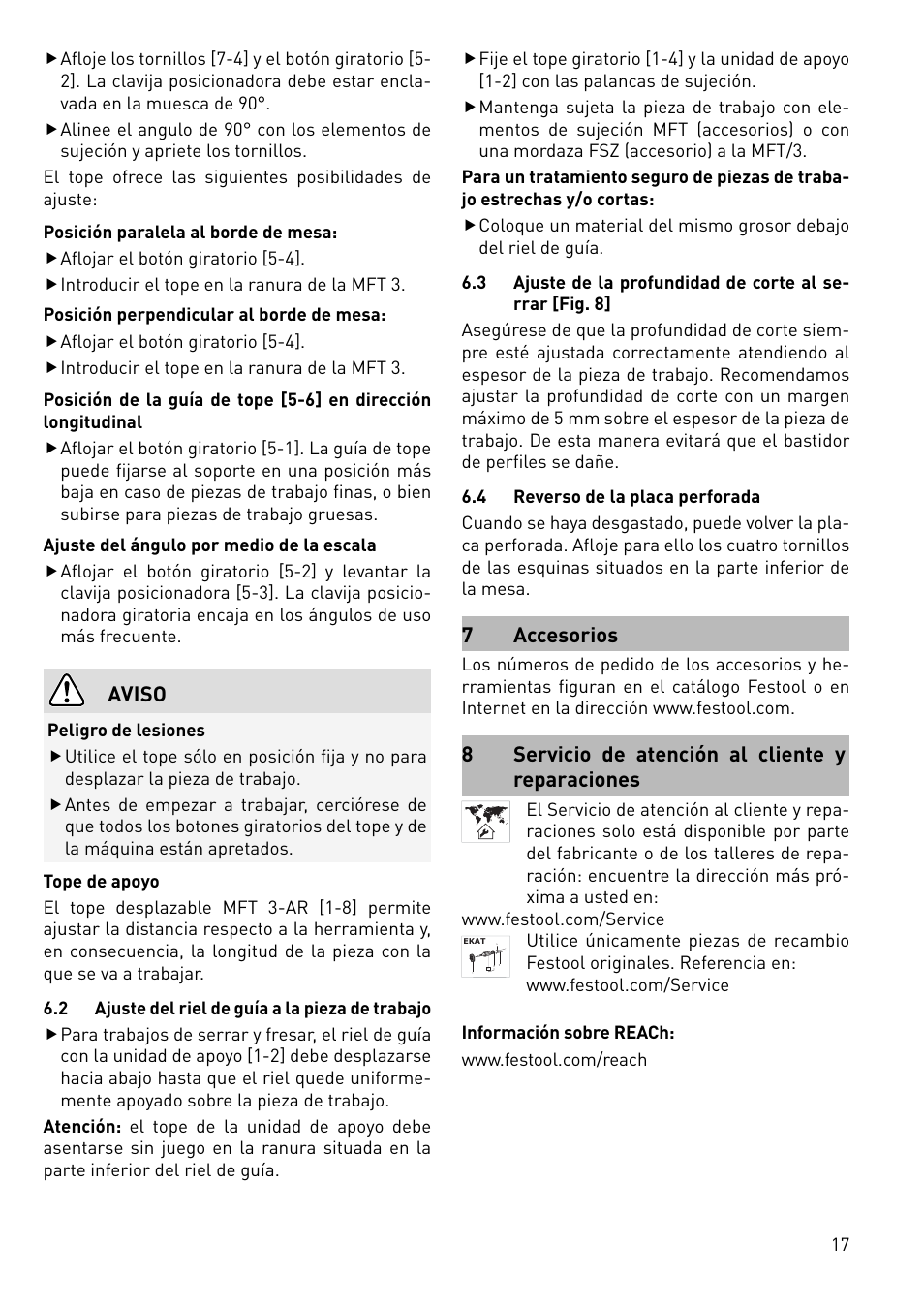 Aviso, 7 accesorios, 8servicio de atención al cliente y reparaciones | Festool MFT 3 User Manual | Page 17 / 48