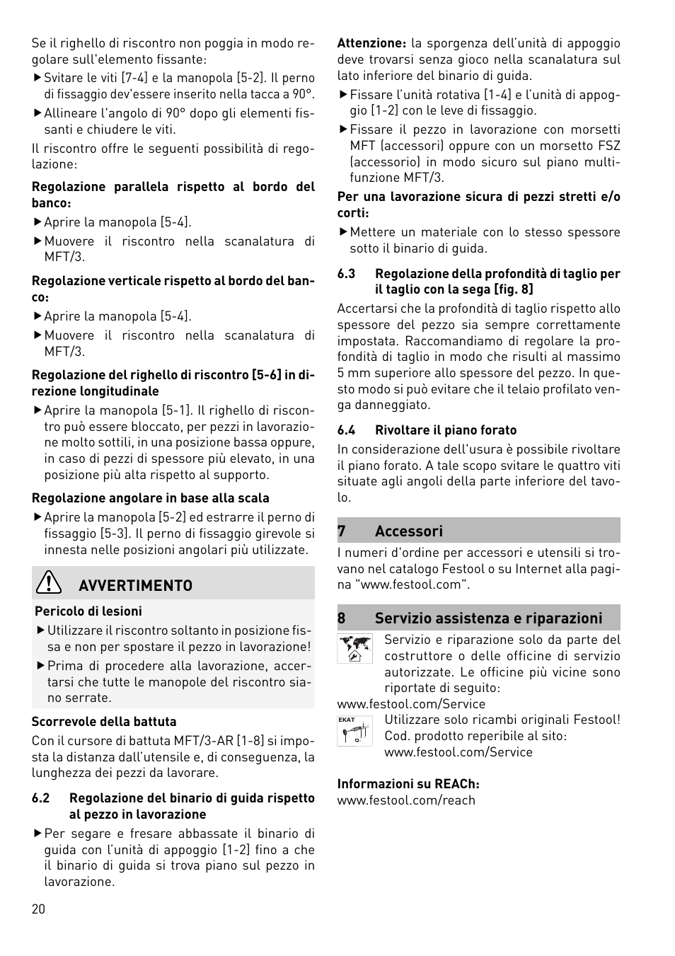Avvertimento, 7 accessori, 8servizio assistenza e riparazioni | Festool MFT 3 User Manual | Page 20 / 48