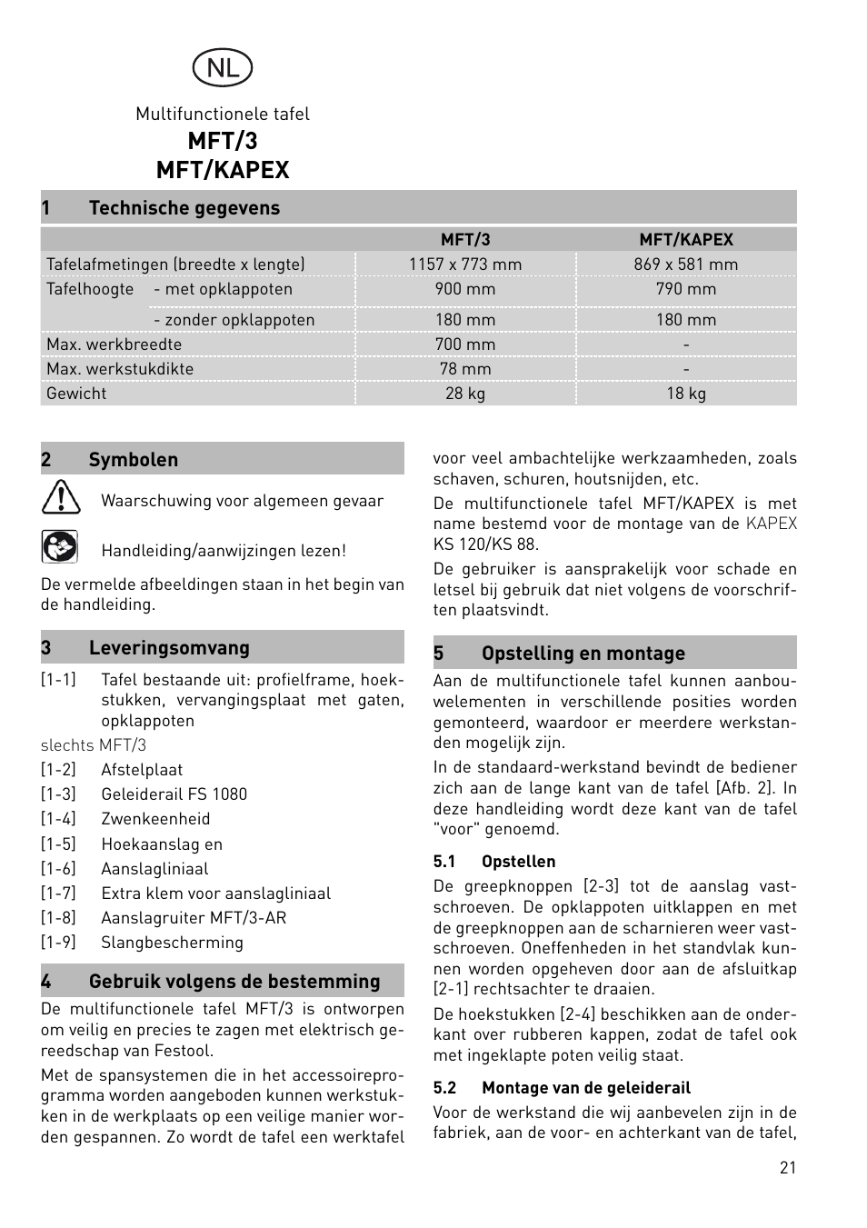 Mft/3 mft/kapex | Festool MFT 3 User Manual | Page 21 / 48