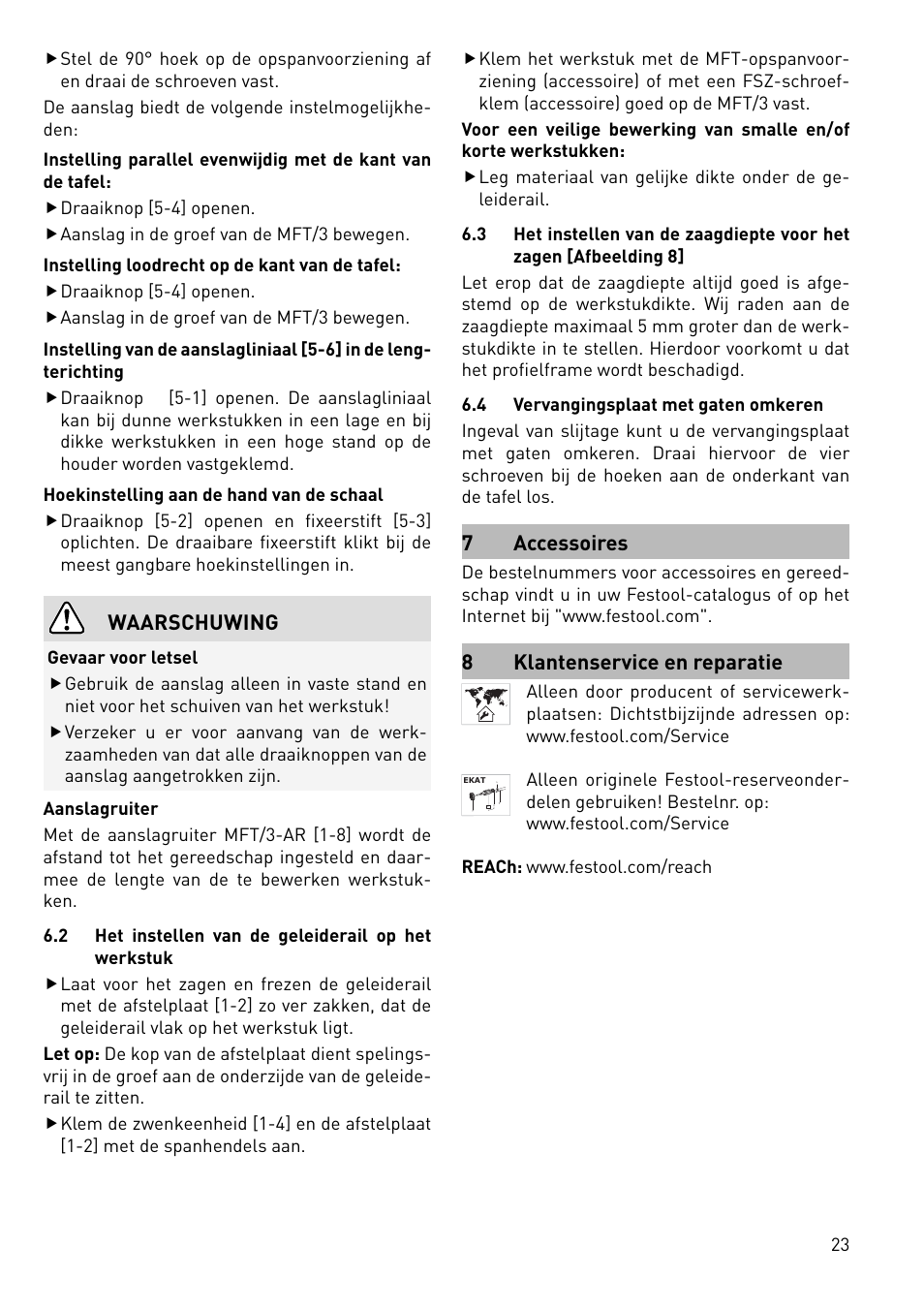 Waarschuwing, 7 accessoires, 8klantenservice en reparatie | Festool MFT 3 User Manual | Page 23 / 48