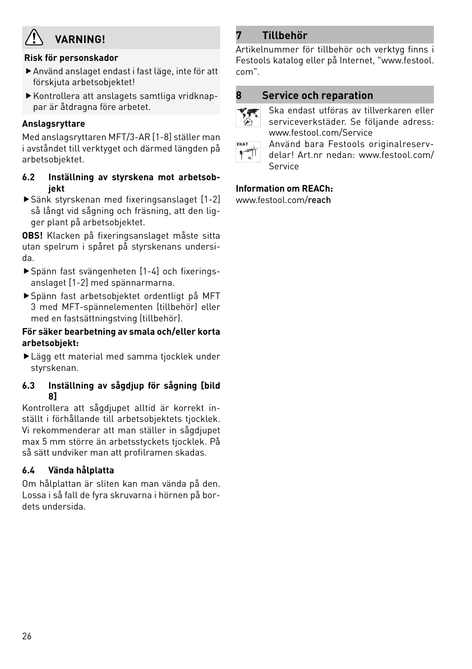 Varning, 7 tillbehör, 8service och reparation | Festool MFT 3 User Manual | Page 26 / 48