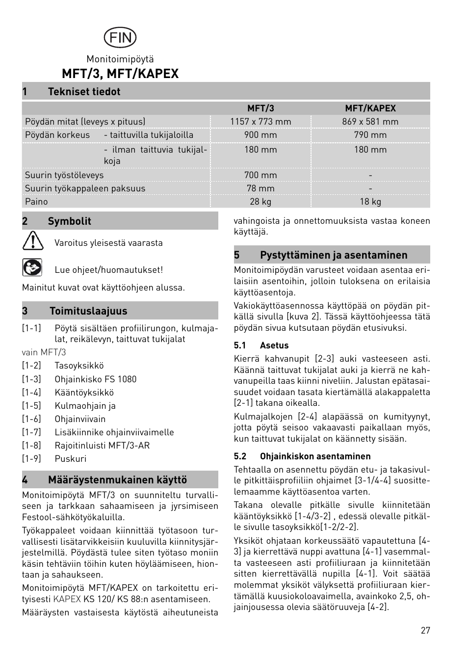 Mft/3, mft/kapex | Festool MFT 3 User Manual | Page 27 / 48