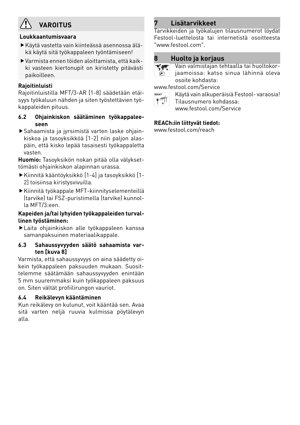 Varoitus, 7 lisätarvikkeet, 8huolto ja korjaus | Festool MFT 3 User Manual | Page 29 / 48