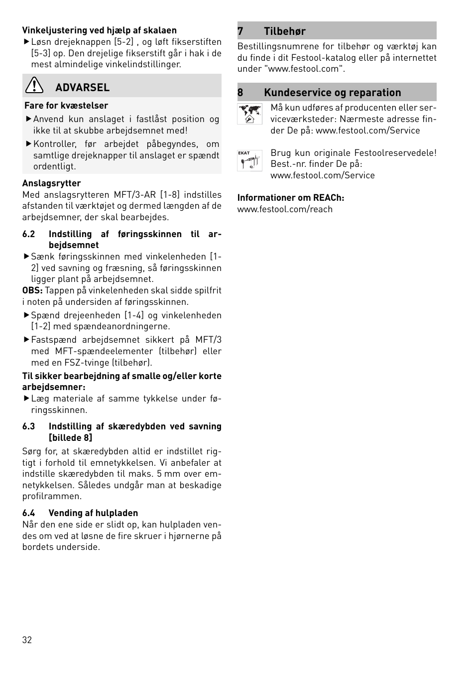 Advarsel, 7 tilbehør, 8kundeservice og reparation | Festool MFT 3 User Manual | Page 32 / 48