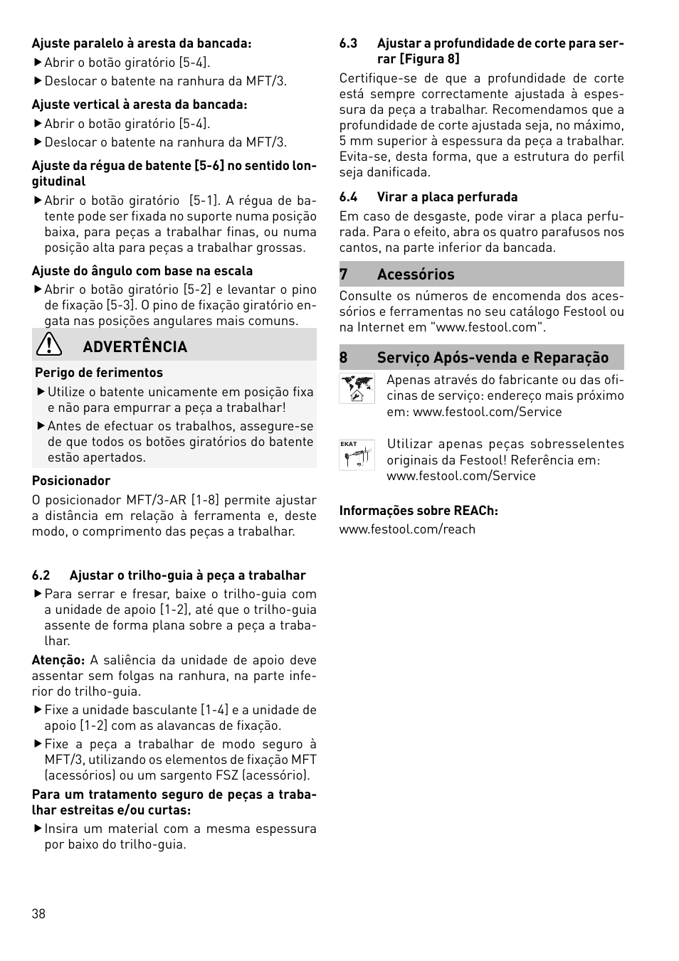 Advertência, 7 acessórios, 8serviço após-venda e reparação | Festool MFT 3 User Manual | Page 38 / 48