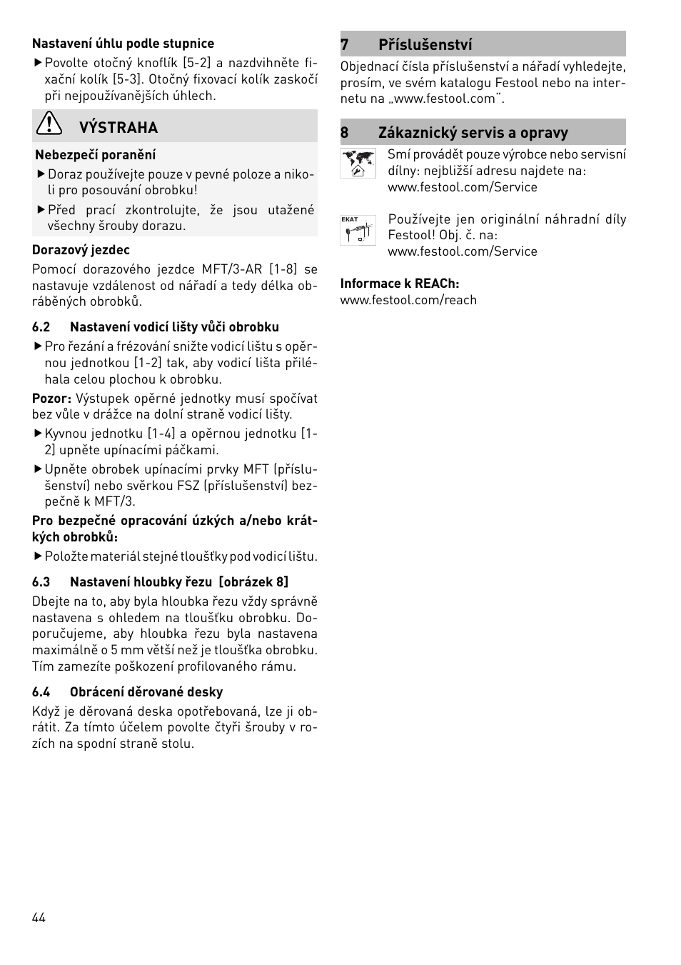 Výstraha, 7 příslušenství, 8zákaznický servis a opravy | Festool MFT 3 User Manual | Page 44 / 48