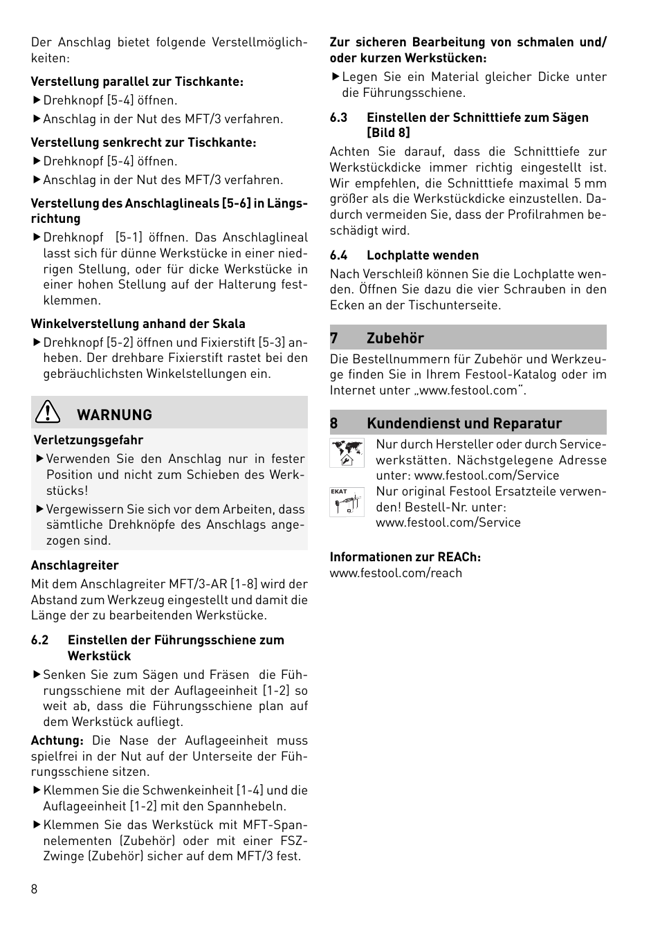 Warnung, 7 zubehör, 8kundendienst und reparatur | Festool MFT 3 User Manual | Page 8 / 48