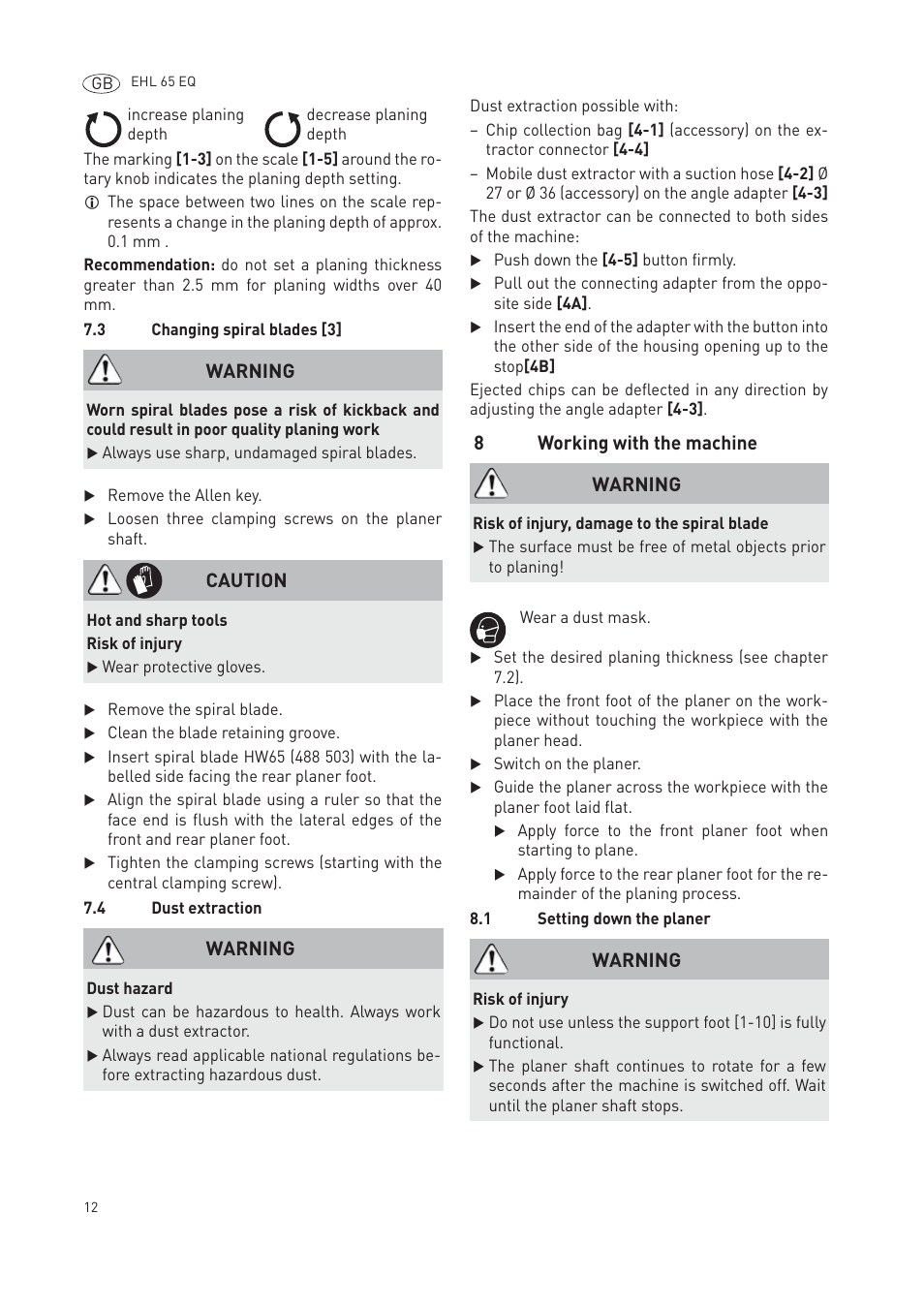 8working with the machine, Warning, Caution | Festool EHL65 EQ User Manual | Page 12 / 66