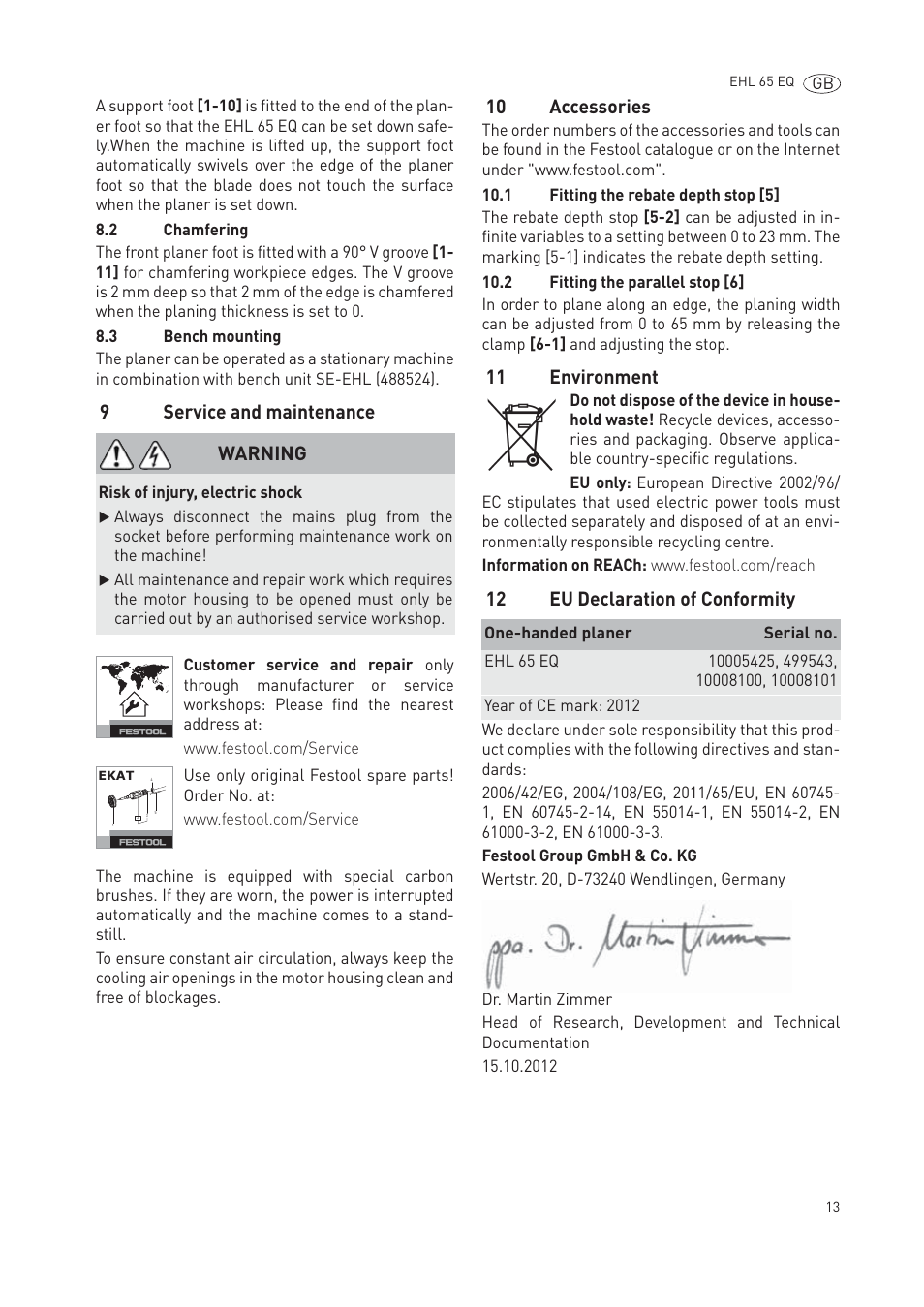 9service and maintenance, 10 accessories, 11 environment | 12 eu declaration of conformity, Warning | Festool EHL65 EQ User Manual | Page 13 / 66