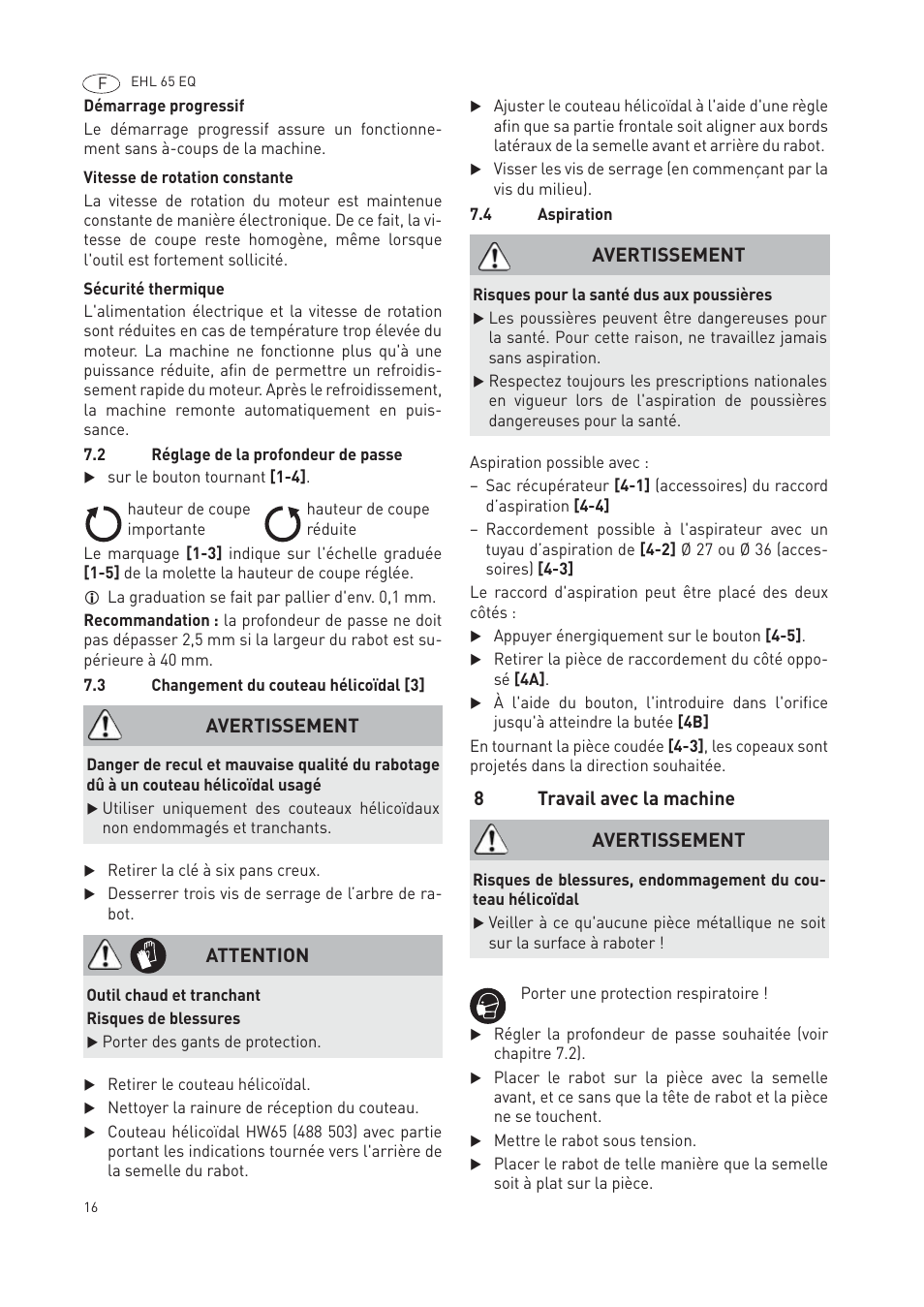 8travail avec la machine, Avertissement, Attention | Festool EHL65 EQ User Manual | Page 16 / 66