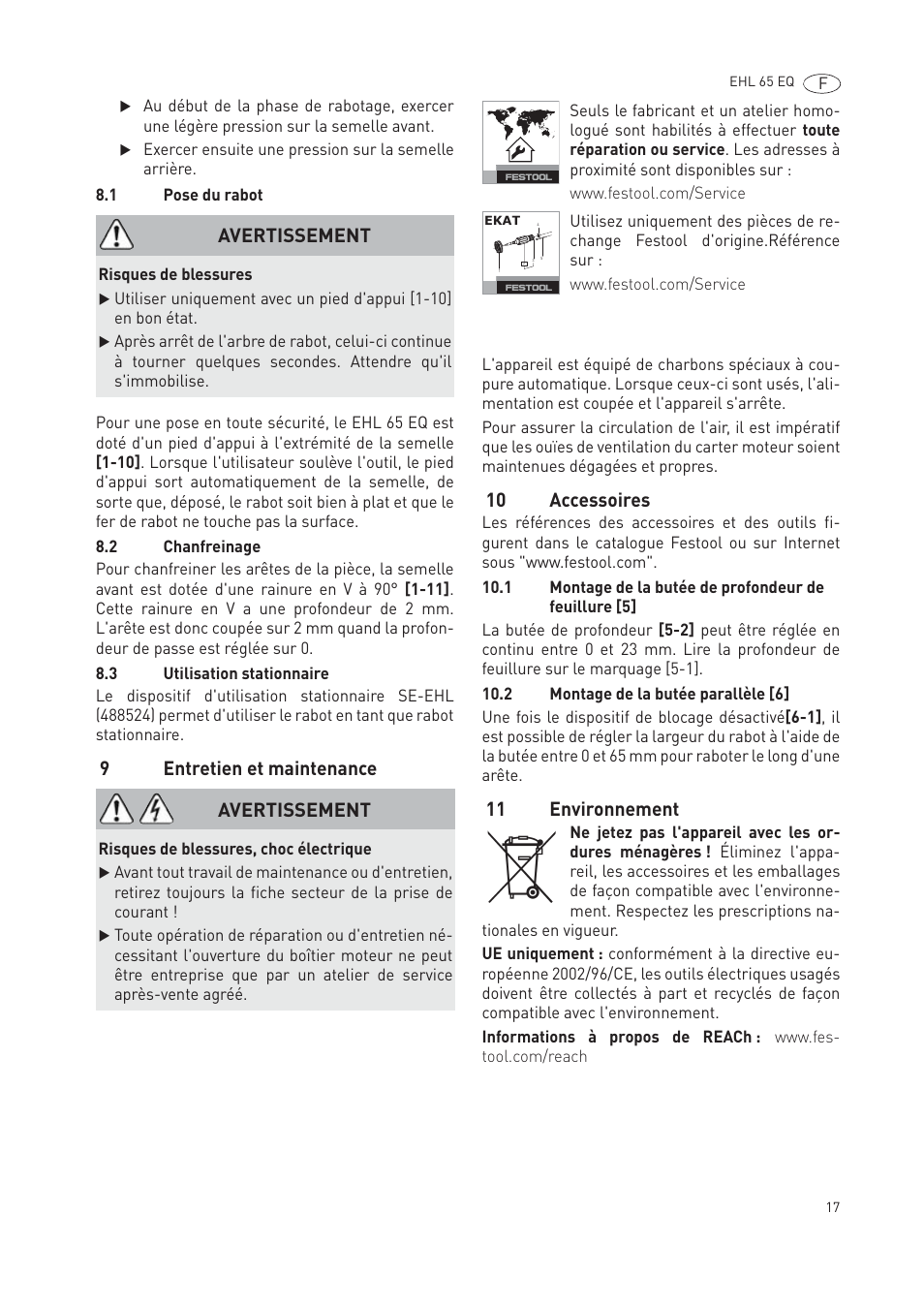9entretien et maintenance, 10 accessoires, 11 environnement | Avertissement | Festool EHL65 EQ User Manual | Page 17 / 66