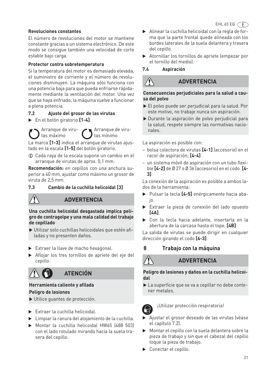 8trabajo con la máquina, Advertencia, Atención | Festool EHL65 EQ User Manual | Page 21 / 66