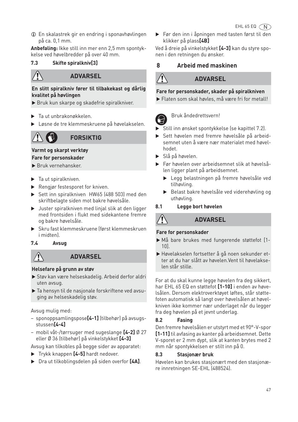 8arbeid med maskinen, Advarsel, Forsiktig | Festool EHL65 EQ User Manual | Page 47 / 66