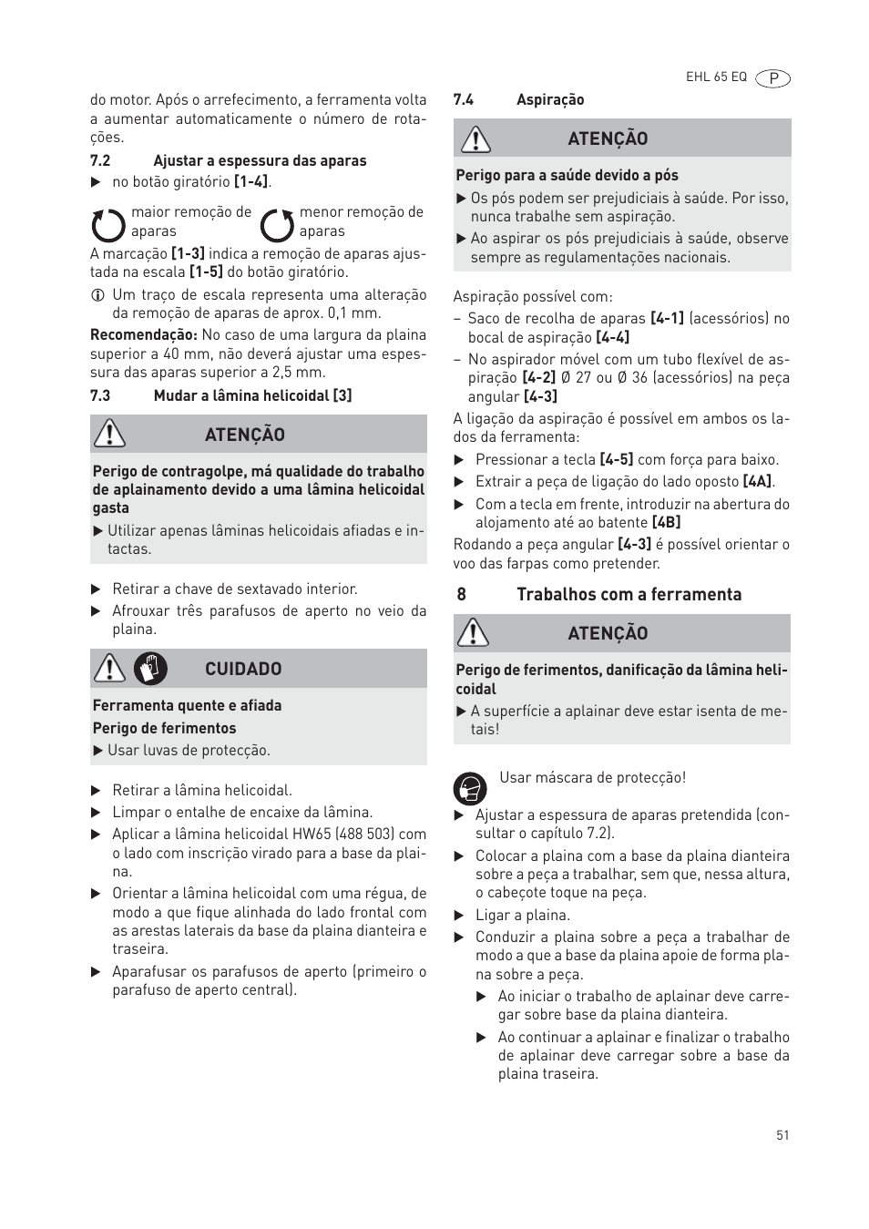8trabalhos com a ferramenta, Atenção, Cuidado | Festool EHL65 EQ User Manual | Page 51 / 66