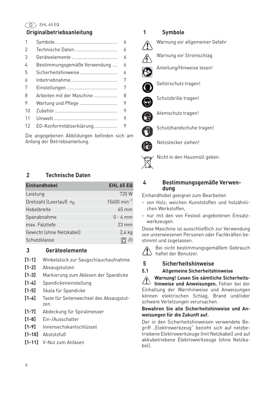 Festool EHL65 EQ User Manual | Page 6 / 66