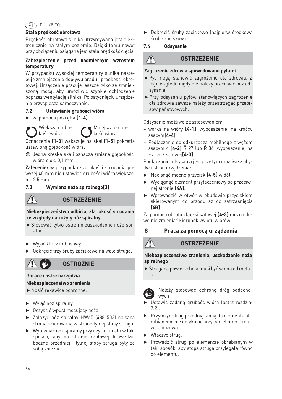 8praca za pomocą urządzenia, Ostrzeżenie, Ostrożnie | Festool EHL65 EQ User Manual | Page 64 / 66