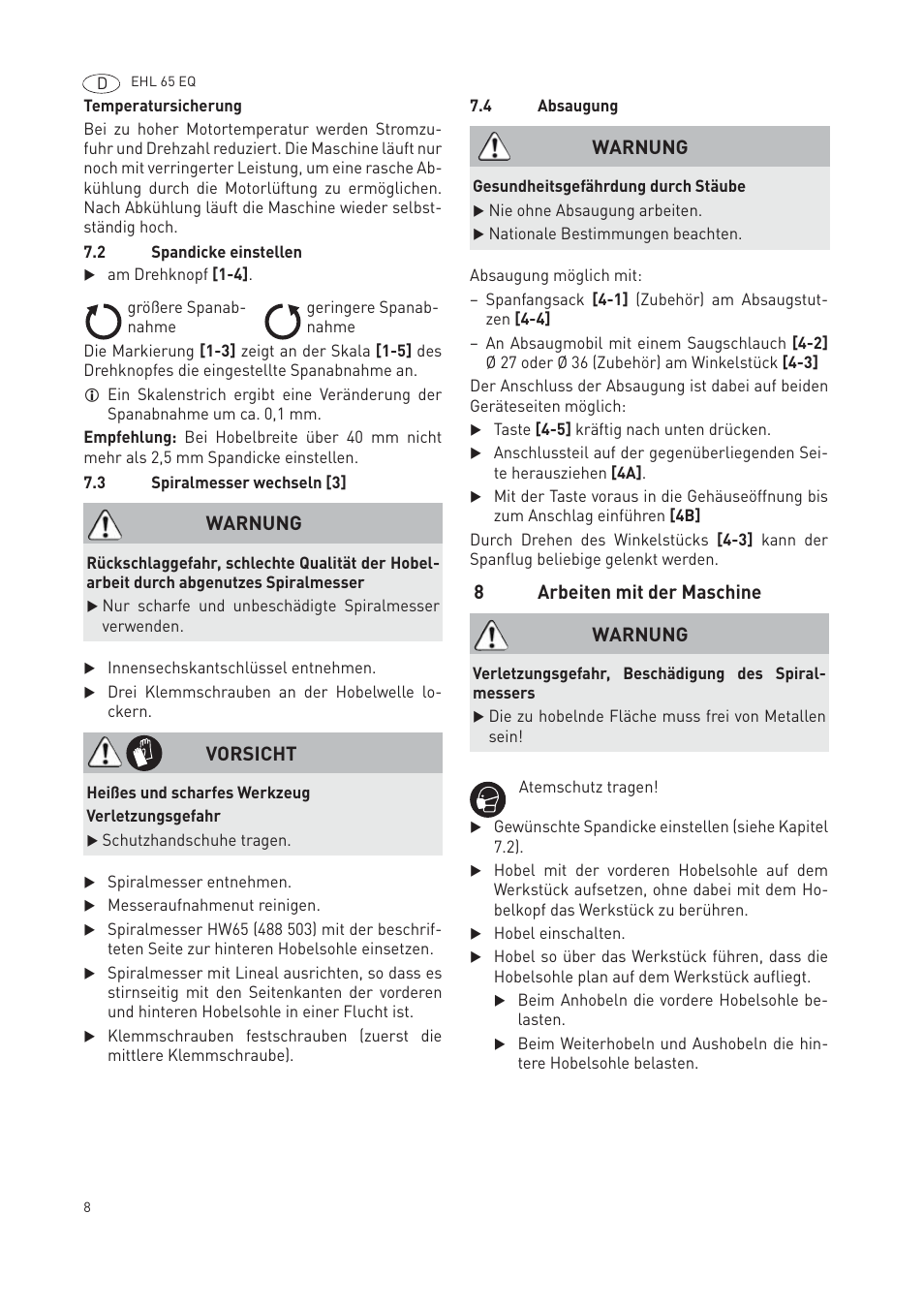 8arbeiten mit der maschine, Warnung, Vorsicht | Festool EHL65 EQ User Manual | Page 8 / 66