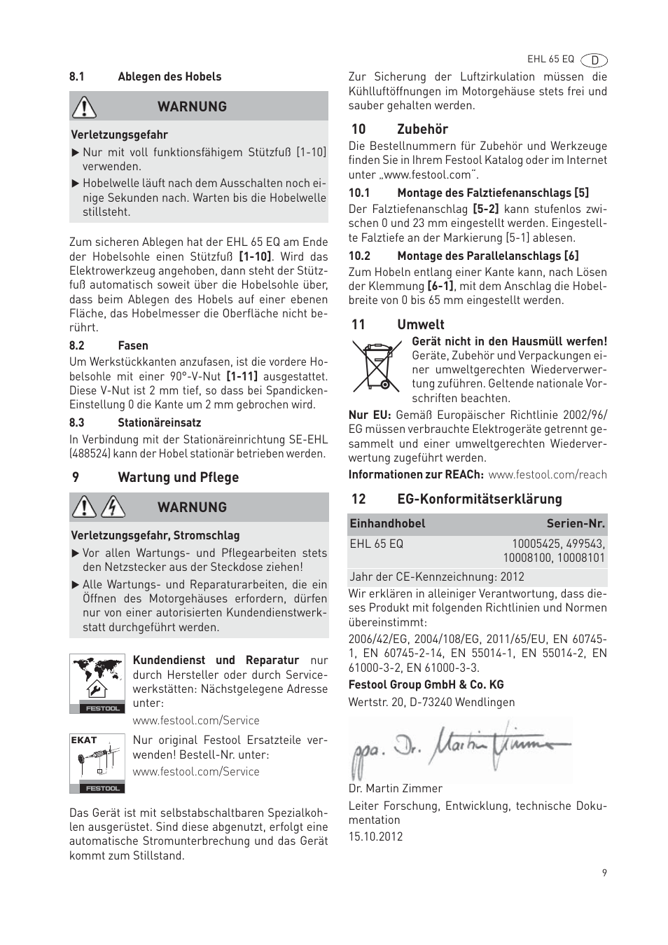 9wartung und pflege, 10 zubehör, 11 umwelt | 12 eg-konformitätserklärung, Warnung | Festool EHL65 EQ User Manual | Page 9 / 66