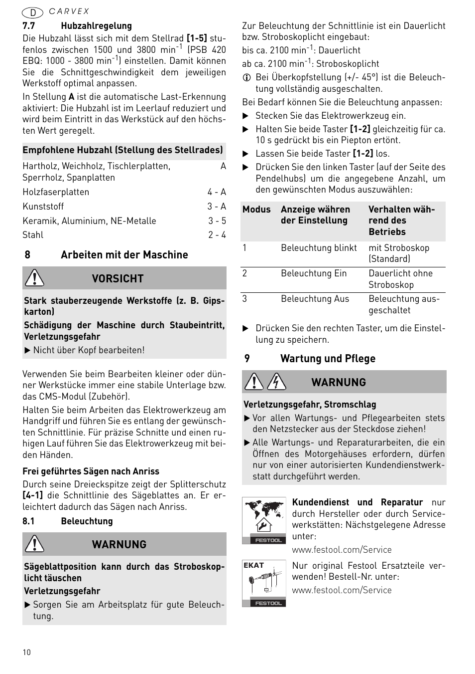 Arbeiten mit der maschine, Wartung und pflege, 8arbeiten mit der maschine | 9wartung und pflege, Vorsicht, Warnung | Festool PSB 420 EBQ User Manual | Page 10 / 99