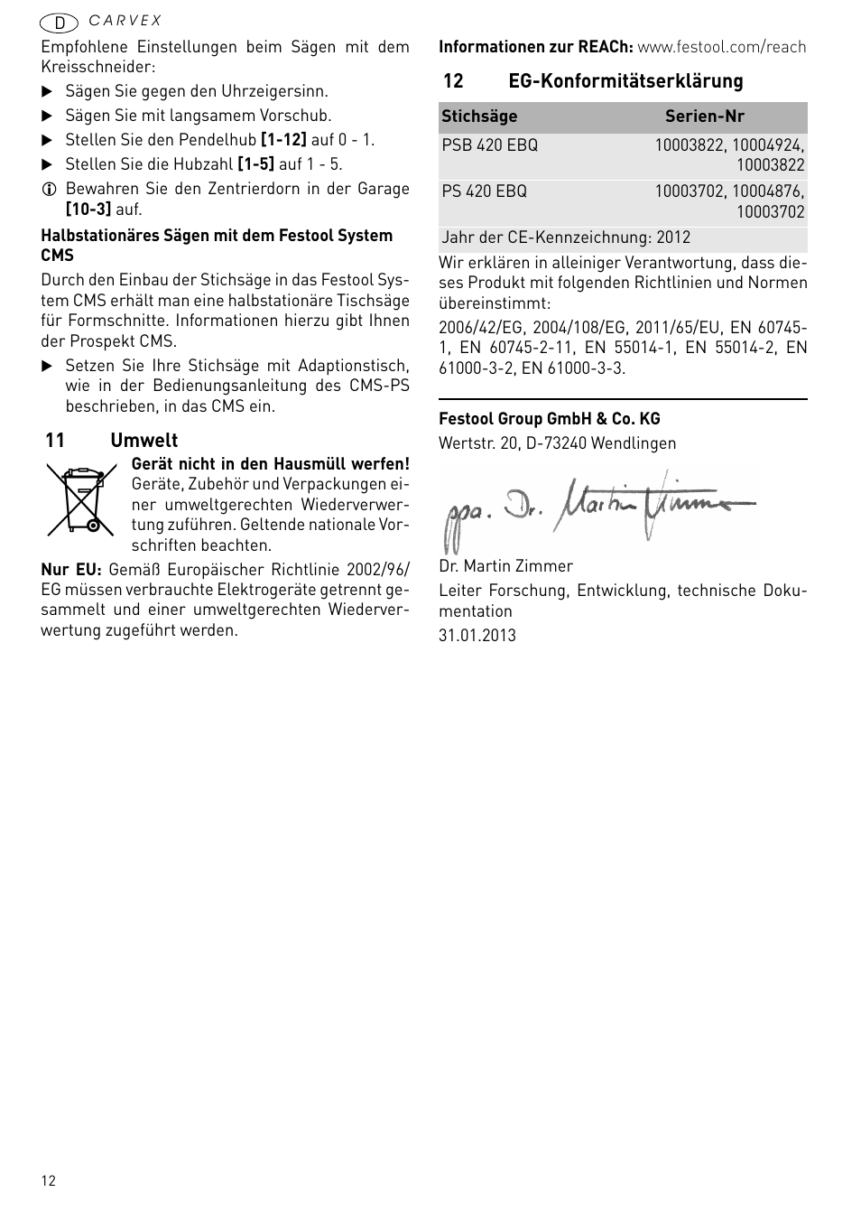 11 umwelt, 12 eg-konformitätserklärung | Festool PSB 420 EBQ User Manual | Page 12 / 99