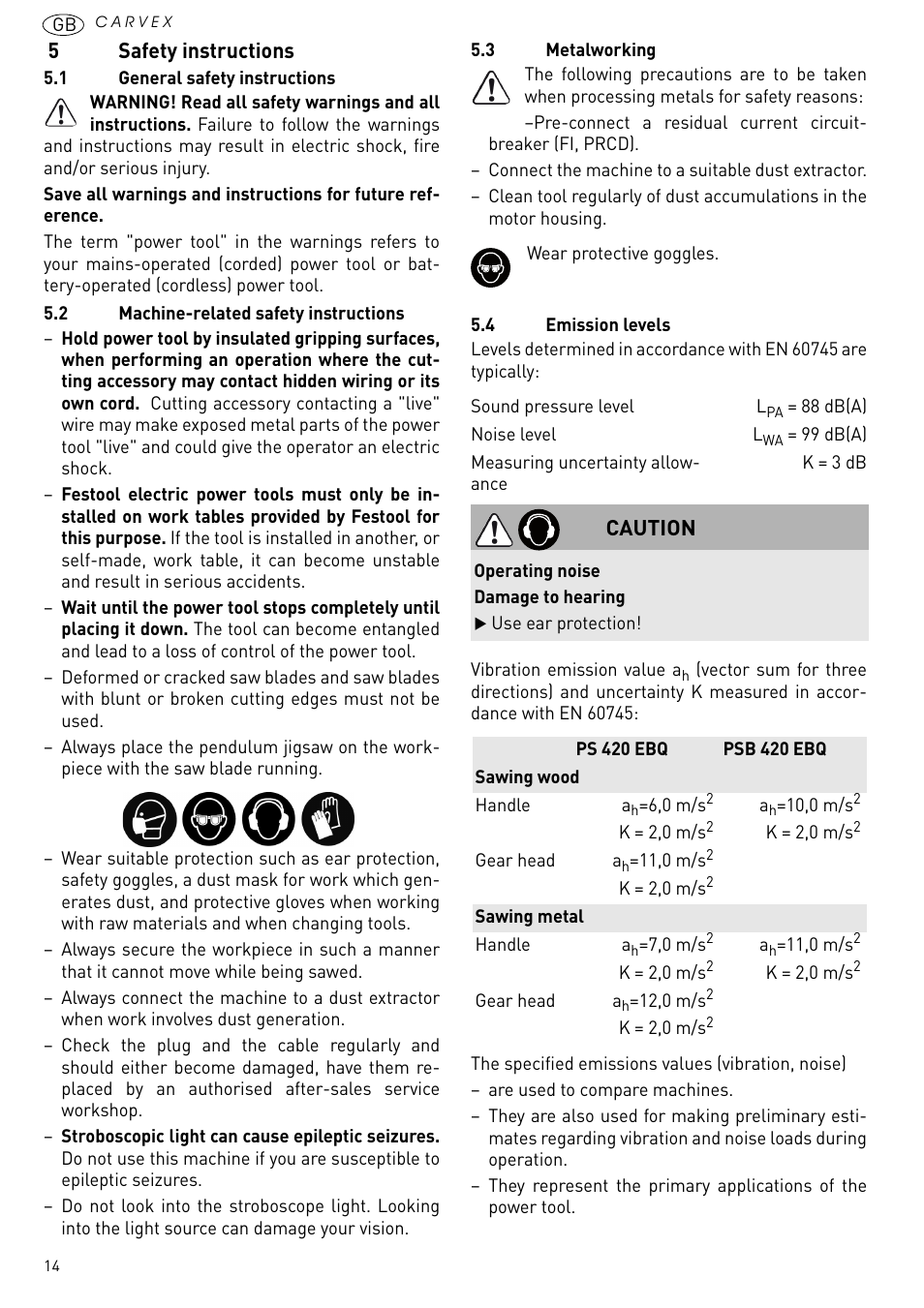 Safety instructions, 5safety instructions, Caution | Festool PSB 420 EBQ User Manual | Page 14 / 99