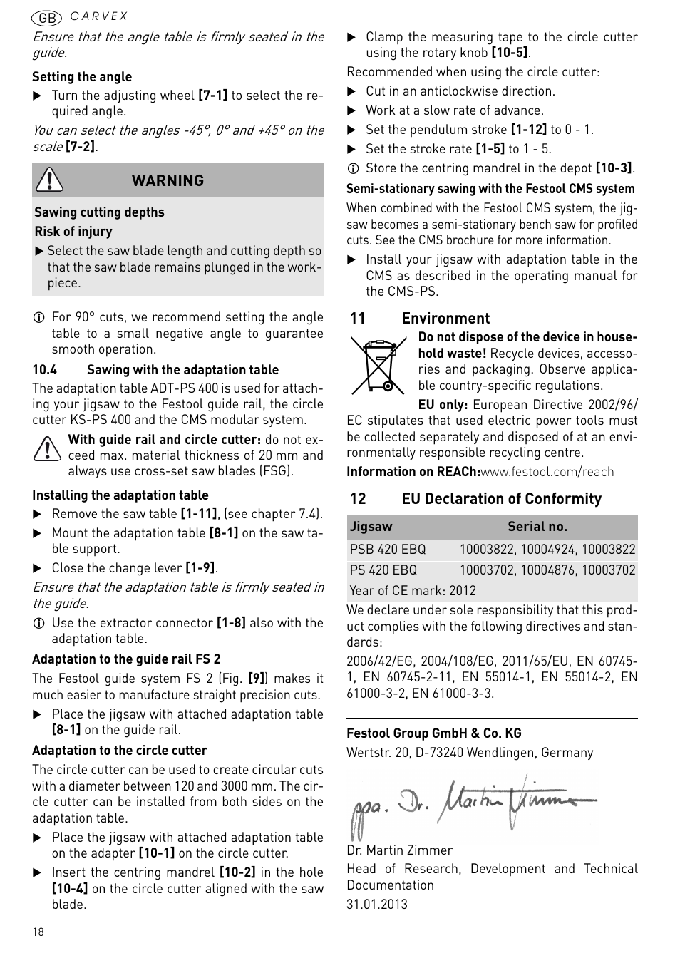 11 environment, 12 eu declaration of conformity, Warning | Festool PSB 420 EBQ User Manual | Page 18 / 99