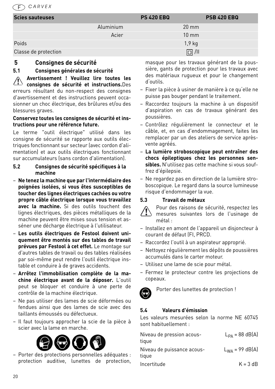 Consignes de sécurité | Festool PSB 420 EBQ User Manual | Page 20 / 99