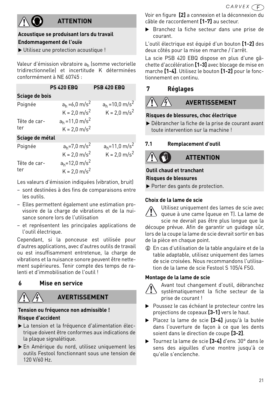 Mise en service, Réglages, 6mise en service | 7réglages, Attention, Avertissement | Festool PSB 420 EBQ User Manual | Page 21 / 99