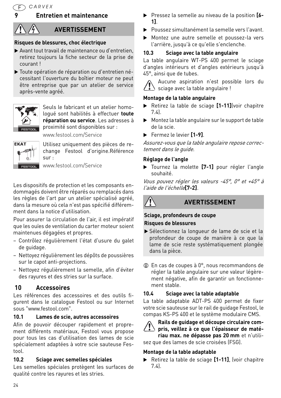 Entretien et maintenance, 10 accessoires, 9entretien et maintenance | Avertissement | Festool PSB 420 EBQ User Manual | Page 24 / 99