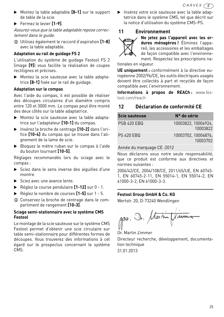 11 environnement, 12 déclaration de conformité ce | Festool PSB 420 EBQ User Manual | Page 25 / 99