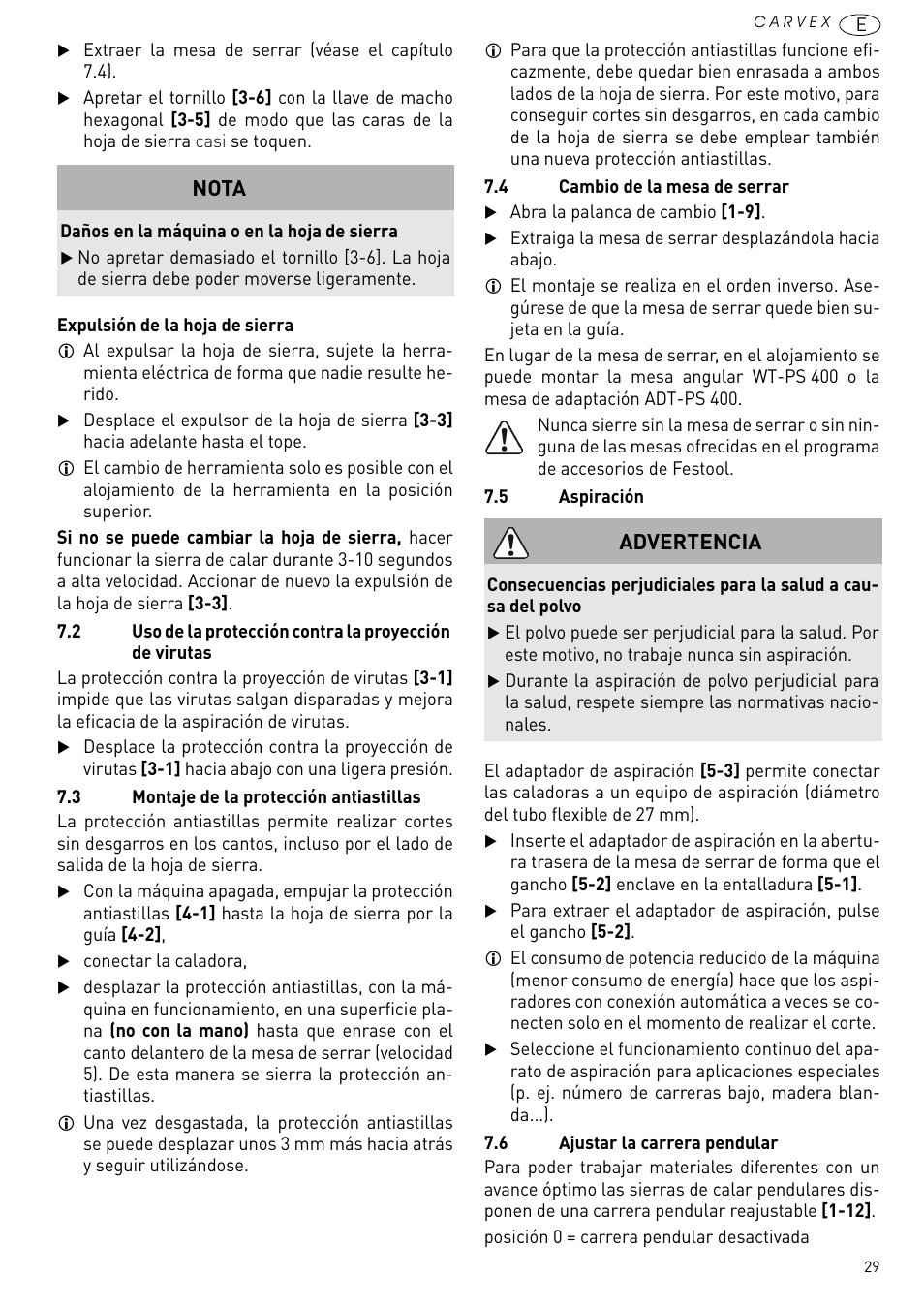 Nota, Advertencia | Festool PSB 420 EBQ User Manual | Page 29 / 99