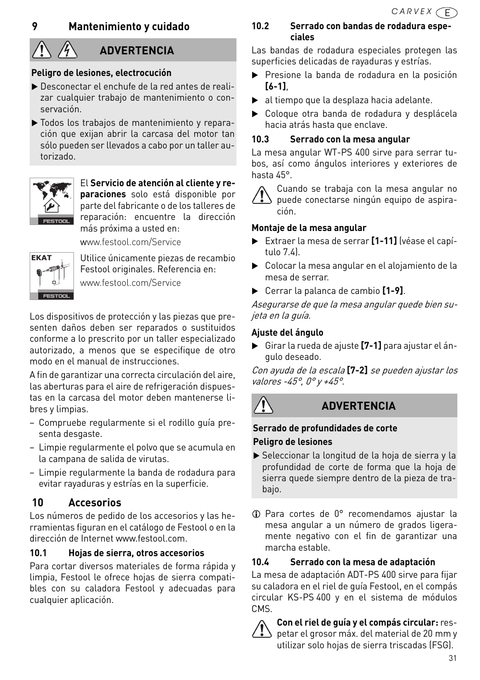 Mantenimiento y cuidado, 10 accesorios, 9mantenimiento y cuidado | Advertencia | Festool PSB 420 EBQ User Manual | Page 31 / 99